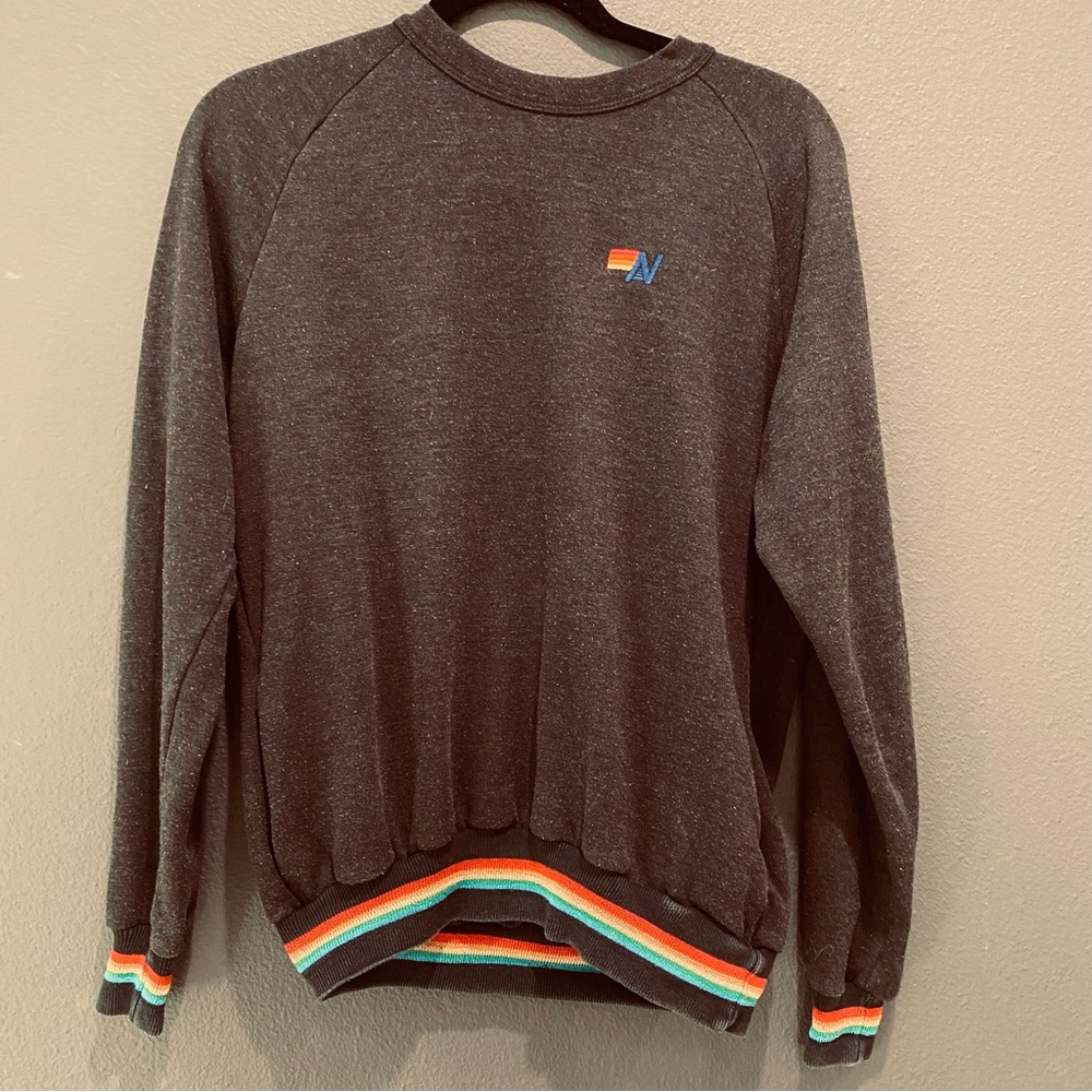 Aviator Nation dark grey heathered black vintage rainbow sweatshirt w/pockets XS